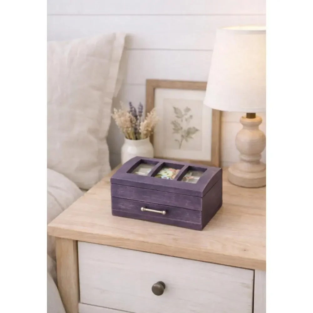 Upcycled Purple Floral Jewelry Box Vintage Glass Top Keepsake Storage Wood Box